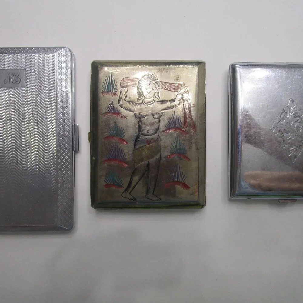3 Metal Cigarette Card Cases Silverplate Vintage India Yoga Bollywood England